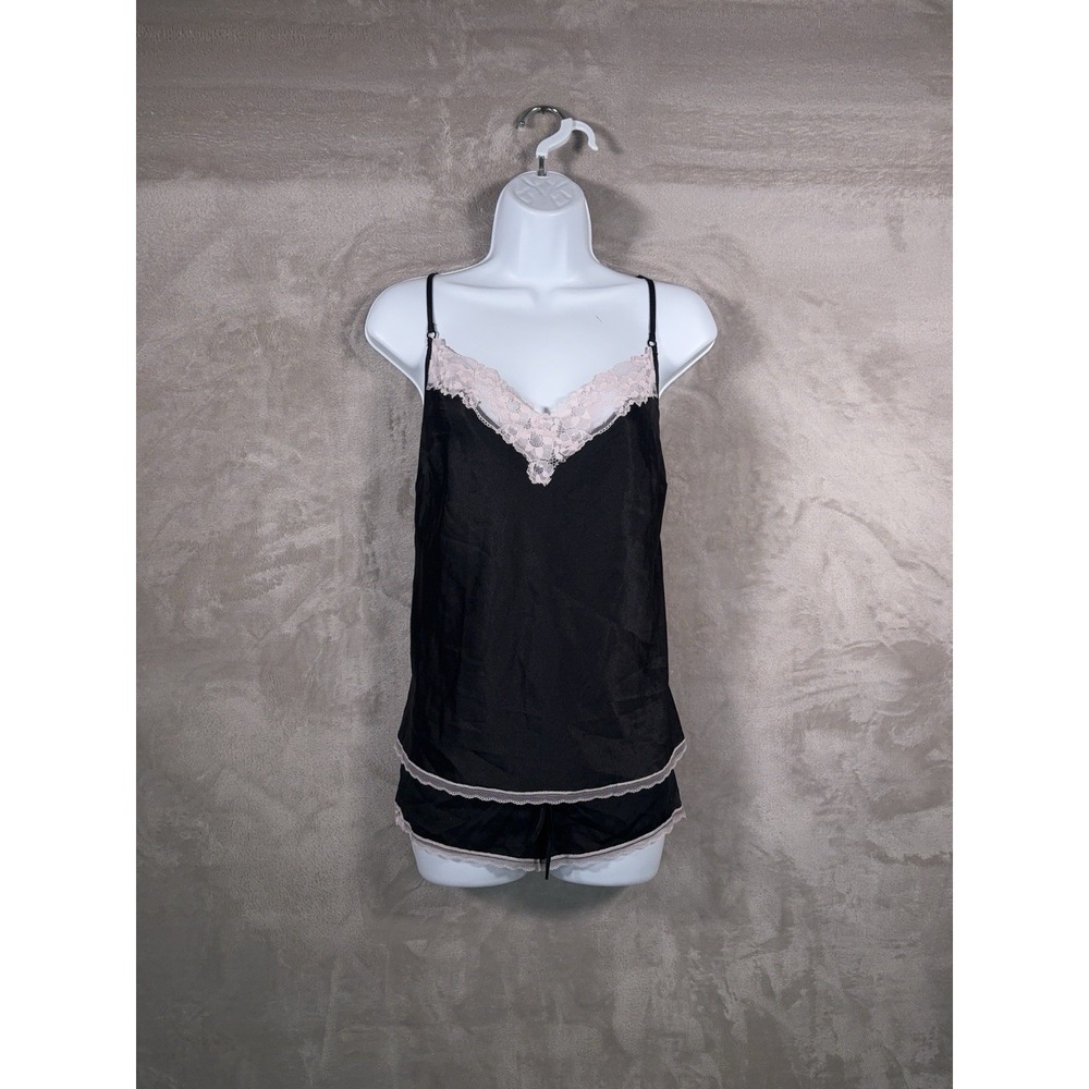 Victoria's Secret Pajama Set Shirt Short Womens Size Large‎ Black Satin Lace